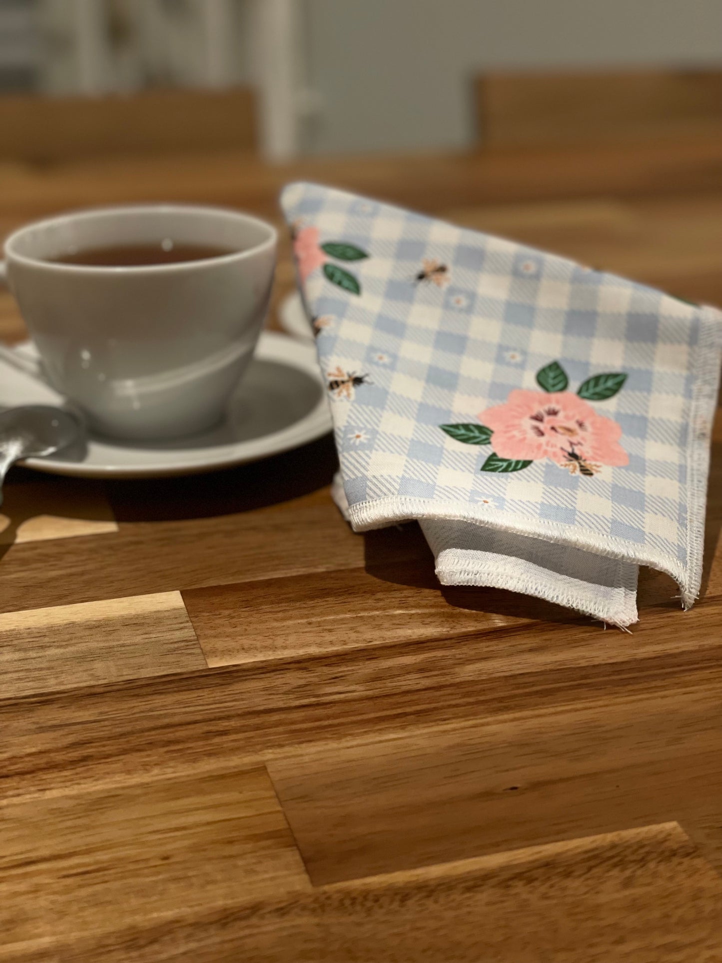 Pink Floral on Blue Gingham Cloth Napkin