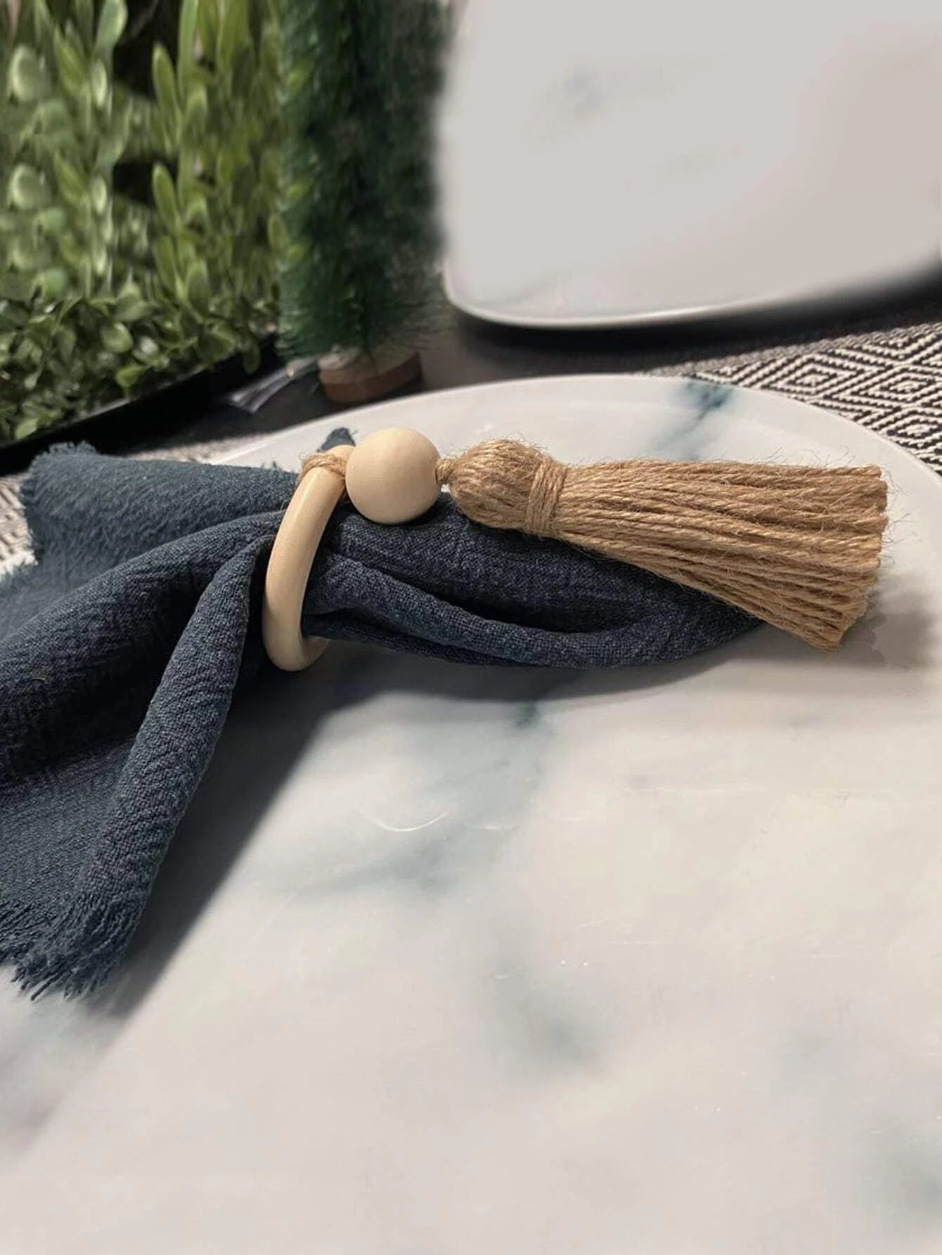Wood Bead & Tassel Decor Napkin Ring